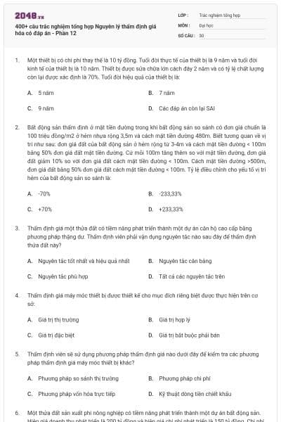 400+ câu trắc nghiệm tổng hợp Nguyên lý thẩm định giá hóa có đáp án - Phần 12
