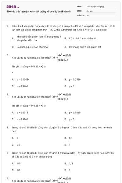 460 câu trắc nghiệm Xác suất thống kê có đáp án (Phần 4)