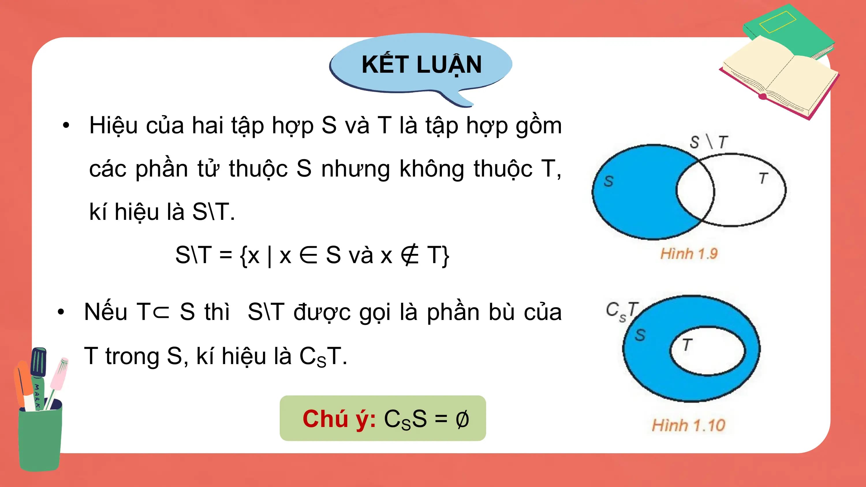 KẾT LUẬN

• Hiệu của hai tập hợp S và T là tập hợp gồm
 các phần tử thuộc S nhưng không thuộc T,
 kí hiệu là S\T.
 S\T = {x | x ∈ S và x ∉ T}

• Nếu T⊂ S thì S\T được gọi là phần bù của
 T trong S, kí hiệu là CST.

 Chú ý: CSS = ∅