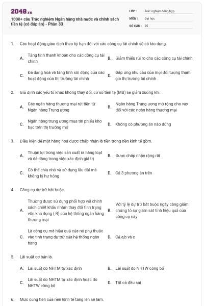 1000+ câu Trắc nghiệm Ngân hàng nhà nước và chính sách tiền tệ (có đáp án) - Phần 33