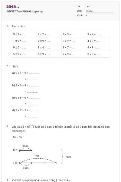 Giải VBT Toán 3 Bài 62: Luyện tập
