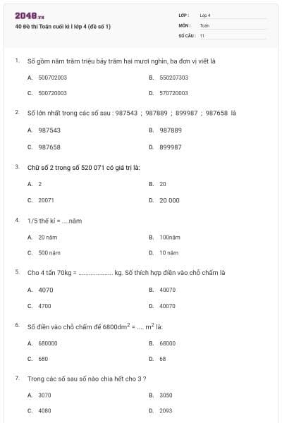40 Đề thi Toán cuối kì I lớp 4 (đề số 1)
