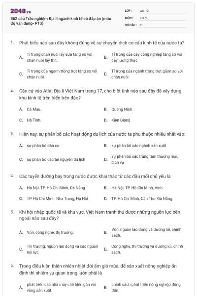 362 câu Trắc nghiệm Địa lí ngành kinh tế có đáp án (mức độ vận dụng- P13)
