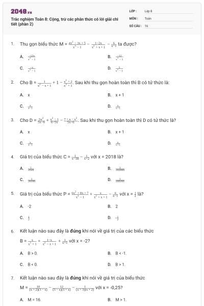 Trắc nghiệm Toán 8: Cộng, trừ các phân thức có lời giải chi tiết (phần 2)