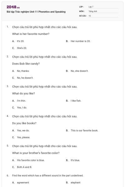 Bài tập Trắc nghiệm Unit 11 Phonetics and Speaking