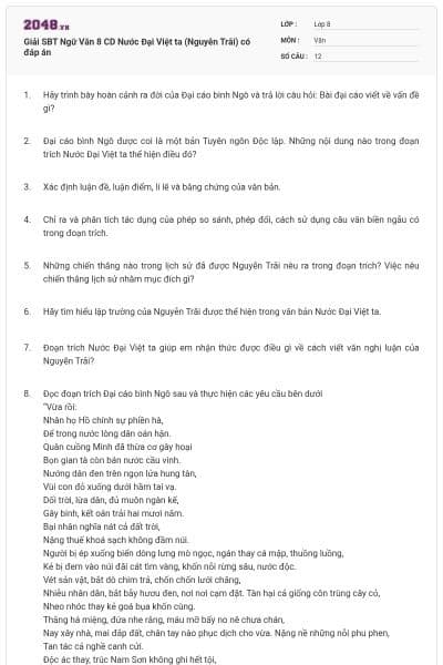 Giải SBT Ngữ Văn 8 CD Nước Đại Việt ta  (Nguyễn Trãi) có đáp án