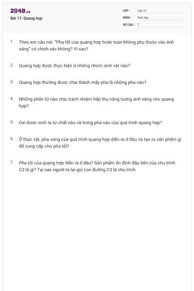 Bài 17: Quang hợp