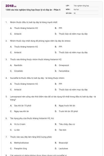 1300 câu trắc nghiệm tổng hợp Dược lý có đáp án - Phần 4