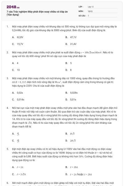 7 câu Trắc nghiệm Máy phát điện xoay chiều có đáp án (Vận dụng)
