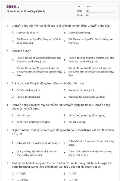 Đề ôn thi Vật Lí 10 có lời giải (Đề 5)