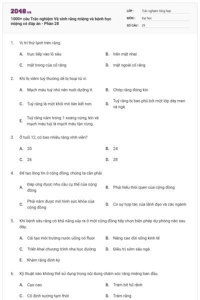 1000+ câu Trắc nghiệm Vệ sinh răng miệng và bệnh học miệng có đáp án - Phần 28