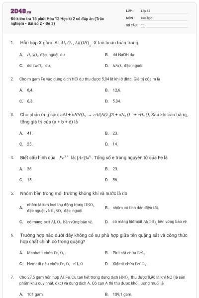 Đề kiểm tra 15 phút Hóa 12 Học kì 2 có đáp án (Trắc nghiệm - Bài số 2 - Đề 3)