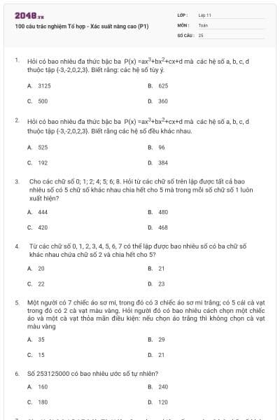 100 câu trắc nghiệm Tổ hợp - Xác suất nâng cao (P1)
