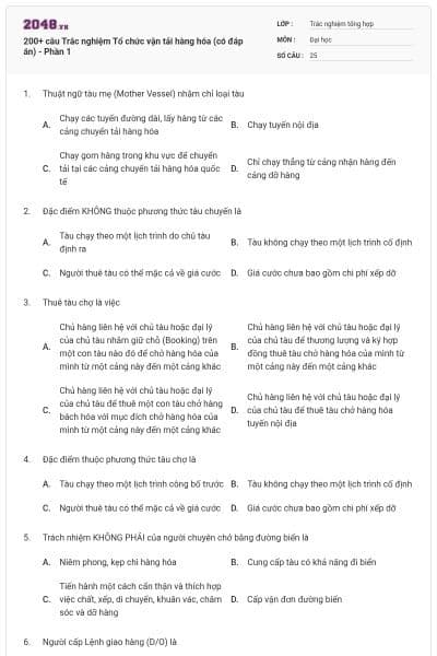 200+ câu Trắc nghiệm Tổ chức vận tải hàng hóa (có đáp án) - Phần 1