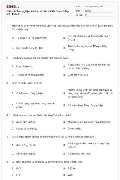 200+ câu Trắc nghiệm Khí hậu và biến đổi khí hậu (có đáp án) - Phần 2