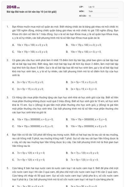 Bài tập Bài toán có lời văn lớp 10 (có lời giải)