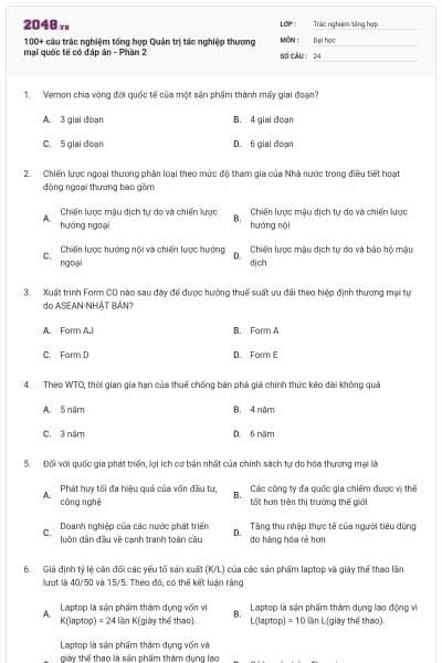 100+ câu trắc nghiệm tổng hợp Quản trị tác nghiệp thương mại quốc tế có đáp án - Phần 2