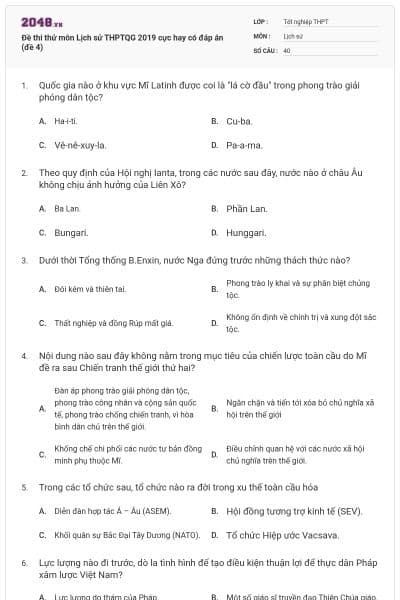 Đề thi thử môn Lịch sử THPTQG 2019 cực hay có đáp án (đề 4)