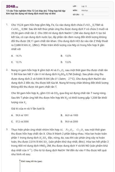 13 câu Trắc nghiệm Hóa 12 (có đáp án): Tổng hợp bài tập kim loại tác dụng với dung dịch muối hay và khó
