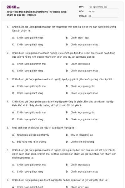 1000+ câu trắc nghiệm Marketing và Thị trường dược phẩm có đáp án - Phần 38
