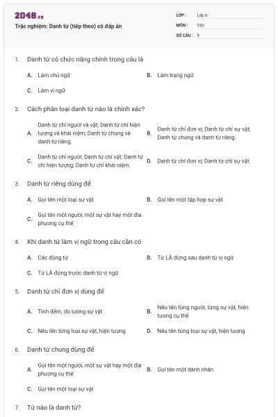 Trắc nghiệm: Danh từ (tiếp theo) có đáp án