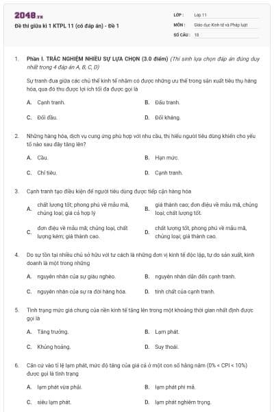 Đề thi giữa kì 1 KTPL 11 (có đáp án) - Đề 1