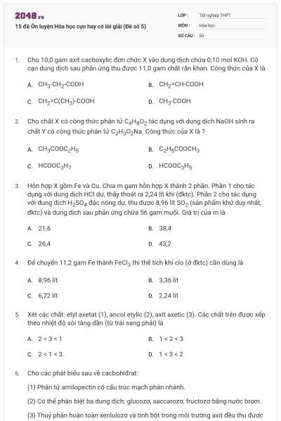 15 đề Ôn luyện Hóa học cực hay có lời giải (Đề số 5)