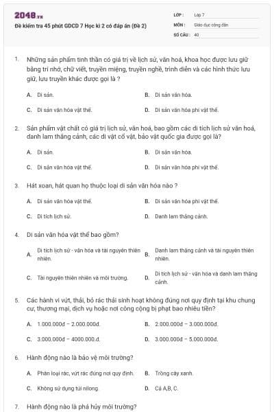 Đề kiểm tra 45 phút GDCD 7 Học kì 2 có đáp án (Đề 2)
