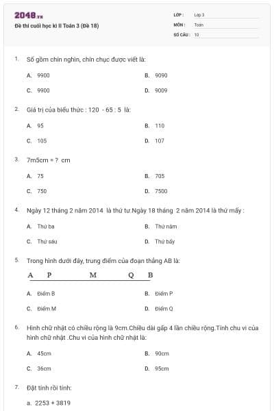Đề thi cuối học kì II Toán 3 (Đề 18)