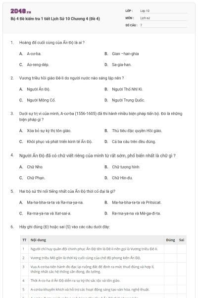 Bộ 4  Đề kiểm tra 1 tiết Lịch Sử 10 Chương 4 (Đề 4)