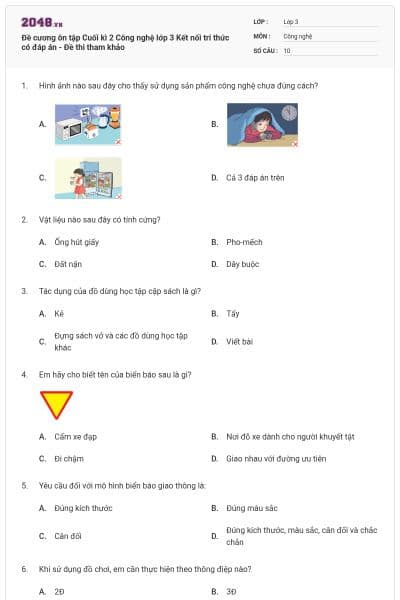 Đề cương ôn tập Cuối kì 2 Công nghệ lớp 3 Kết nối tri thức có đáp án - Đề thi tham khảo