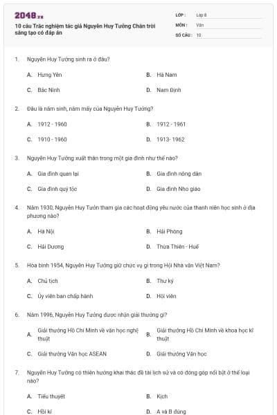 10 câu Trắc nghiệm tác giả Nguyễn Huy Tưởng Chân trời sáng tạo có đáp án