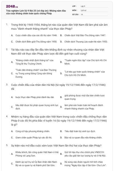 Trắc nghiệm Lịch Sử 9 Bài 25 (có đáp án): Những năm đầu của cuộc kháng chiến toàn quốc chống Pháp