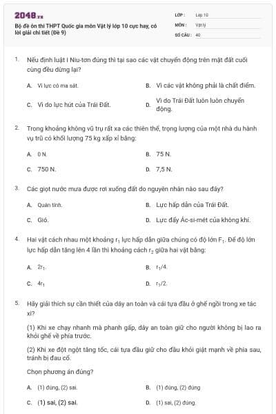 Bộ đề ôn thi THPT Quốc gia môn Vật lý lớp 10 cực hay, có lời giải chi tiết (Đề 9)