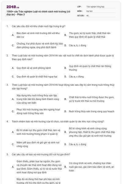 1000+ câu Trắc nghiệm Luật và chính sách môi trường (có đáp án) - Phần 3