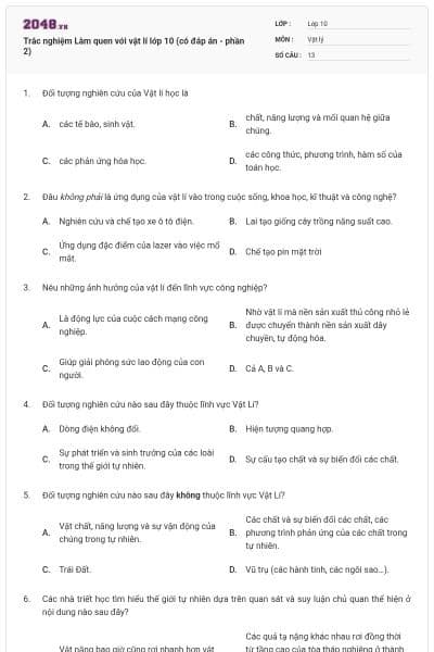 Trắc nghiệm Làm quen với vật lí lớp 10 (có đáp án - phần 2)
