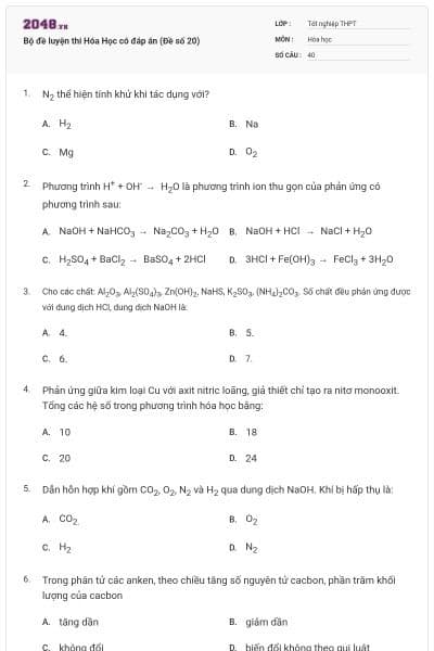 Bộ đề luyện thi Hóa Học có đáp án (Đề số 20)