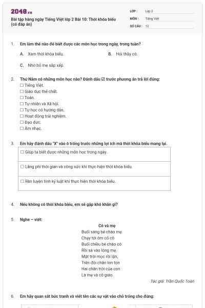 Bài tập hàng ngày Tiếng Việt lớp 2 Bài 10: Thời khóa biểu (có đáp án)