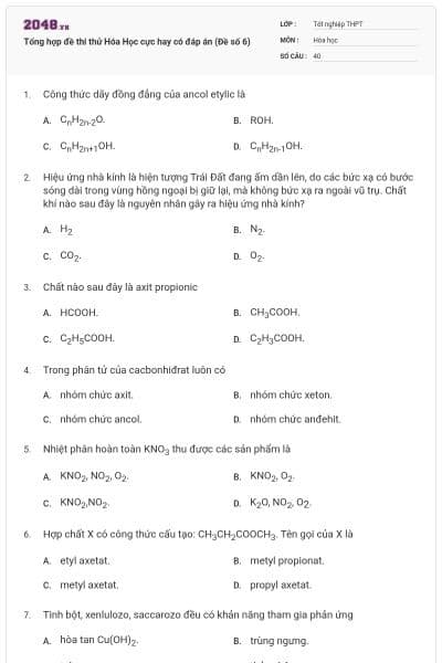 Tổng hợp đề thi thử Hóa Học cực hay có đáp án (Đề số 6)