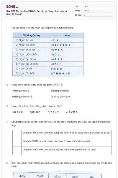 Giải SBT Tin học lớp 3 Bài 3. Em tập gõ hàng phím trên và dưới có đáp án