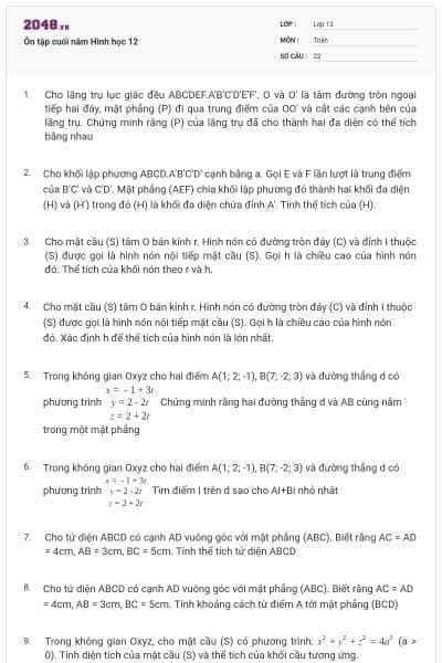 Ôn tập cuối năm Hình học 12
