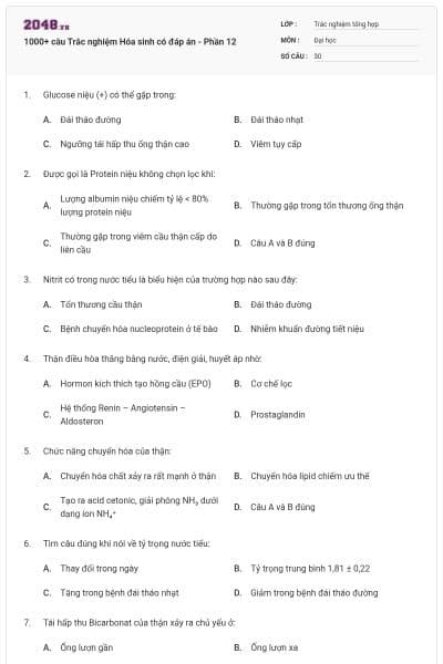 1000+ câu Trắc nghiệm Hóa sinh có đáp án - Phần 12
