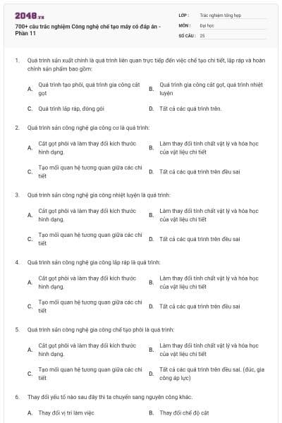 700+ câu trắc nghiệm Công nghệ chế tạo máy có đáp án - Phần 11