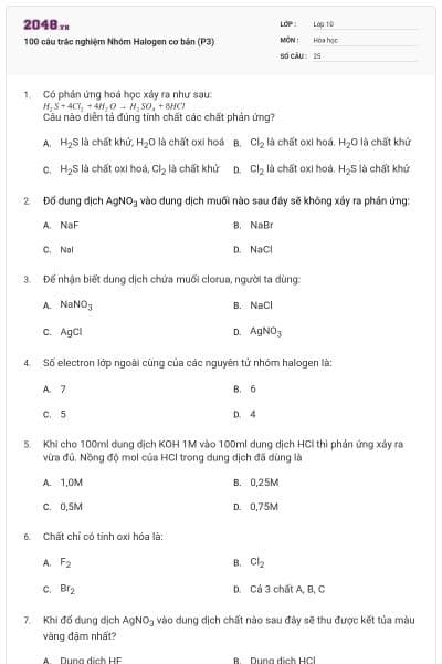 100 câu trắc nghiệm Nhóm Halogen cơ bản (P3)