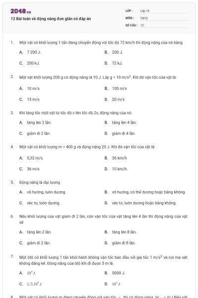 12 Bài toán về động năng đơn giản có đáp án