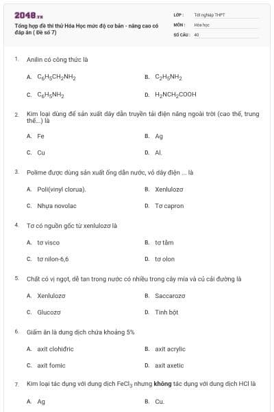 Tổng hợp đề thi thử Hóa Học mức độ cơ bản - nâng cao có đáp án ( Đề số 7)