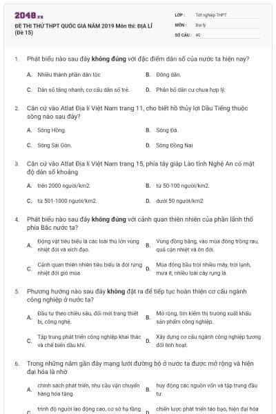 ĐỀ THI THỬ THPT QUỐC GIA NĂM 2019 Môn thi: ĐỊA LÍ (Đề 15)