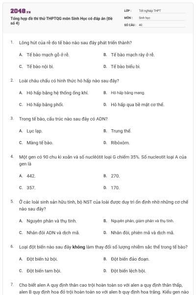 Tổng hợp đề thi thử THPTQG môn Sinh Học có đáp án (Đề số 4)