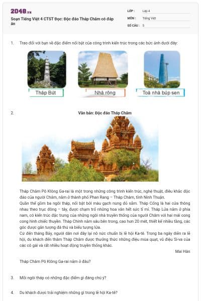 Soạn Tiếng Việt 4 CTST Đọc: Độc đáo Tháp Chăm có đáp án