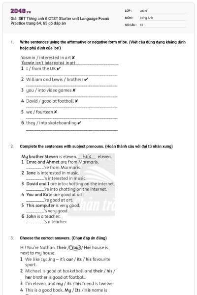 Giải SBT Tiếng anh 6 CTST Starter unit Language Focus Practice trang 64, 65 có đáp án
